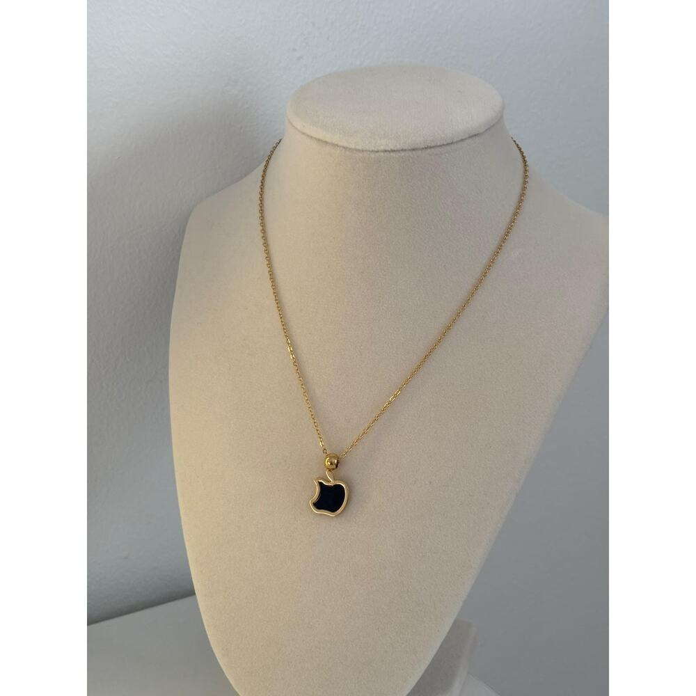 Black Apple Pendant Necklace Gold Stainless Steel Minimal Charm Gift - Picture 3 of 5